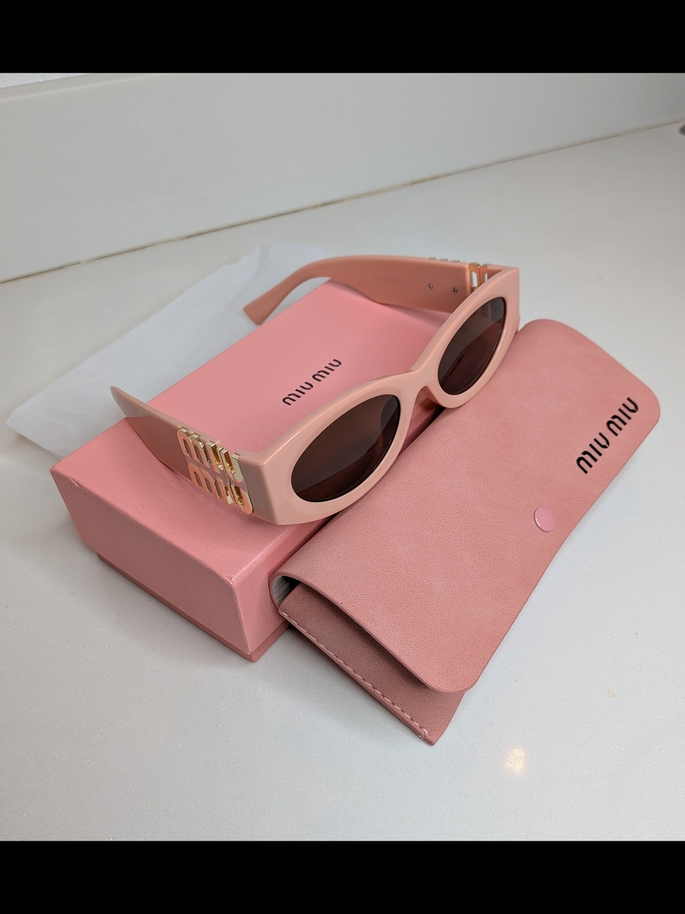 Miu Miu Oval Sunglasses Pink Gold Logo Brown Lenses - Picture 5 of 11